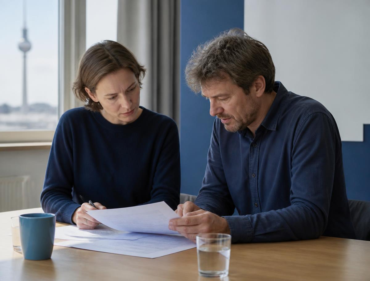 Two colleagues reviewing documents in a Berlin office